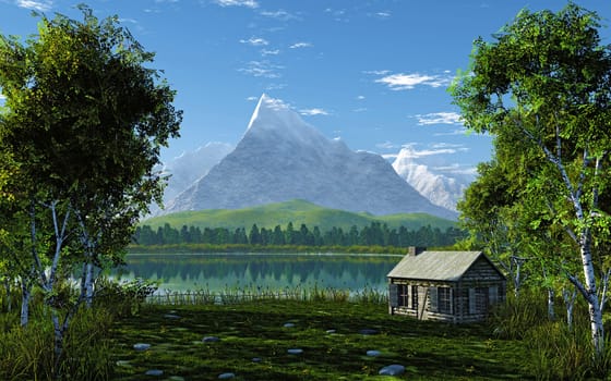 This image shows a idyllic landscape with a little cabin in spring