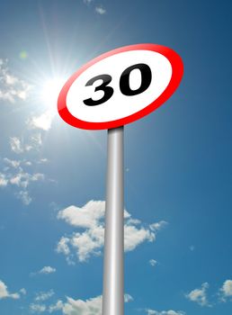 Illustration depicting a speed limit road sign against blue sky and sunlight background.