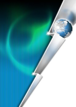 Blue business background with metal lightning, globe and reflections
