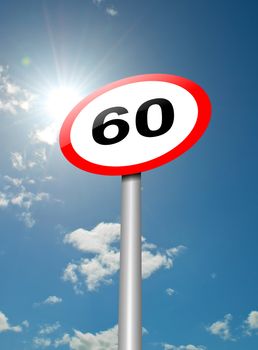 Illustration depicting a speed limit road sign against blue sky and sunlight background.