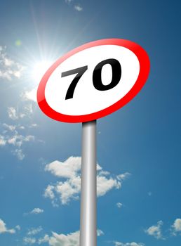 Illustration depicting a speed limit road sign against blue sky and sunlight background.