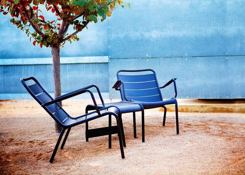 Detail of modern garden chairs with little tree