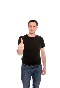 man in black t-shirt is showing sign ok isolated on white background