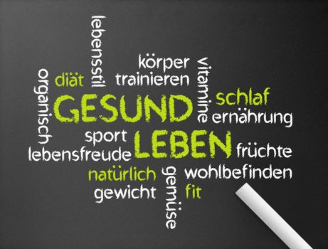 Dark chalkboard with a Gesund Leben word illustration. 