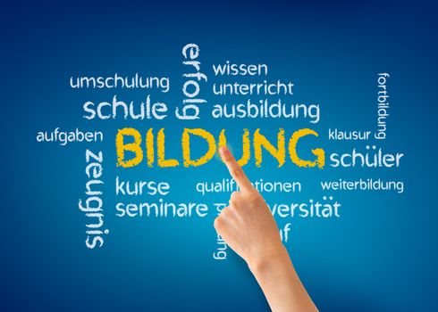 Hand pointing at a Bildung word illustration on blue background.