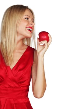 woman eat red apple on white background