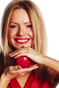 woman eat red apple on white background