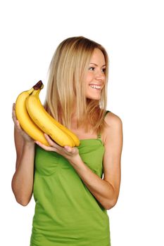 woman holding a bunch of bananas on white background