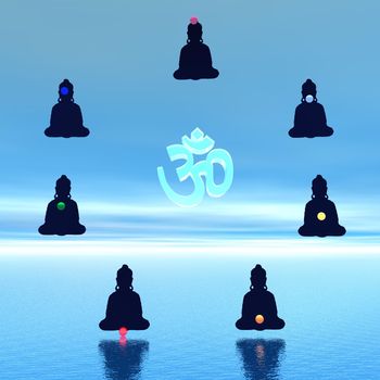 Seven chakras in meditation around a aum symbol in blue background