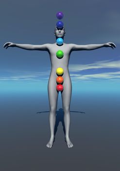 Human standing and balls with colors symbolizing chakras