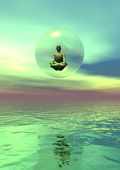 Human meditation in a bbubel over the ocean in green background