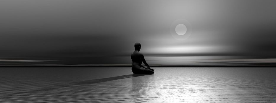 Man meditating upon the ocean in front of the moon by night