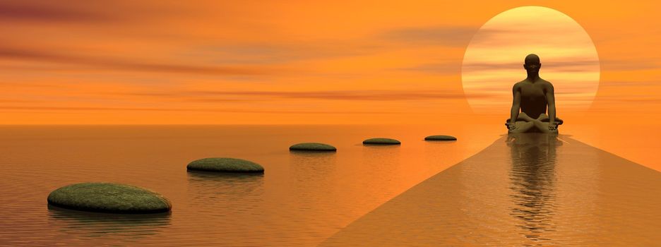 Steps over the ocean to meditating man in front of the sun by beautiful sunset