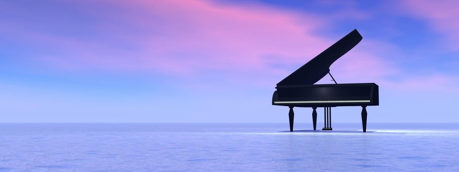 Piano standing alone in the nature by pink and blue sunset byckbround