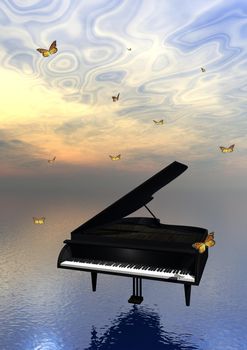 Black piano upon the ocean and surrounded with lots of beautiful butterflies