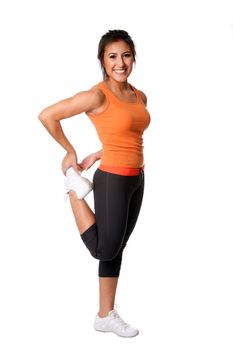 Beautiful happy smiling young woman doing Leg muscle Stretching fitness exercise for good health and flexibility, isolated.