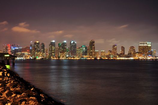 View of the downtown San Diego skyline at night as seen from Harbor Island.