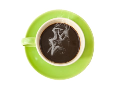 green cup of hot coffee on white background