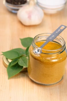 curry powder  on fine wood cutting board with coarse salt, garlic,ground pepper  and measuring spoon