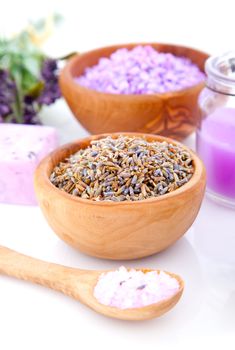 dry Lavender herbs and bath salt  isolated on white background