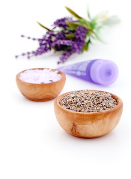 dry Lavender herbs and bath salt  isolated on white background