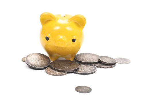 yellow piggy bank with very old coins............