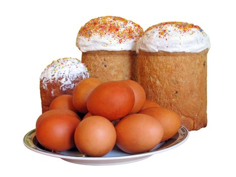 Easter cakes and eggs over white