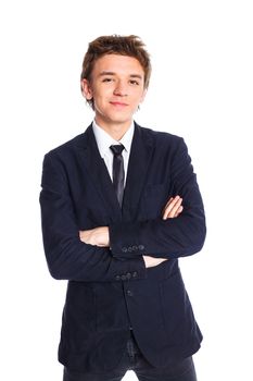 Portrait of a teenage boy in a business suit. Isolated on white background.