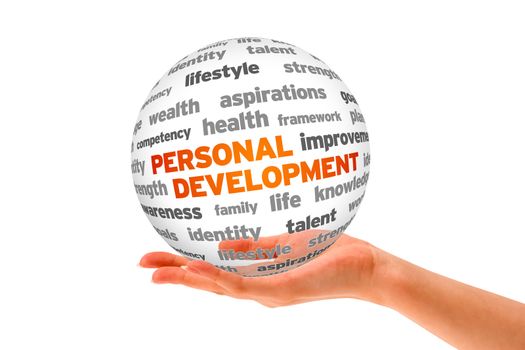 Hand holding a 3d Personal Development Sphere on white background. 