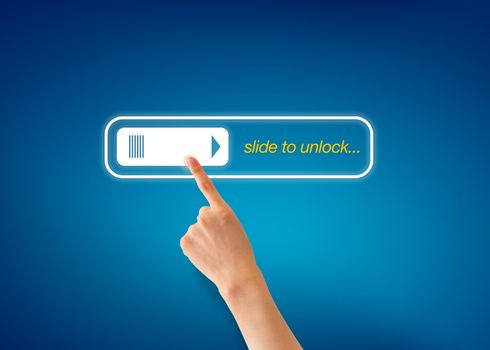 Hand pointing at a Slide To Unlock Icon on blue background.