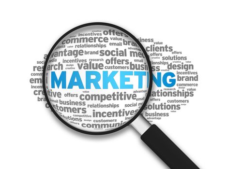 Magnifying glass zooming in on a marketing word cloud.