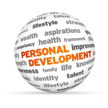 3d Personal Development Word Sphere on white background.