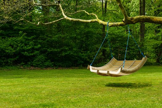 Curved swing bench hanging from the bough of a tree in a lush garden with woodland backdrop for relaxing on those hot summer days
