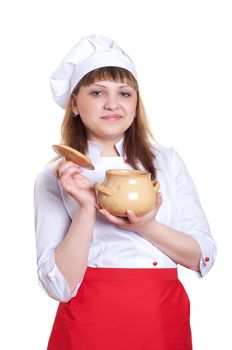 attractive woman keeps a pot of food, white background