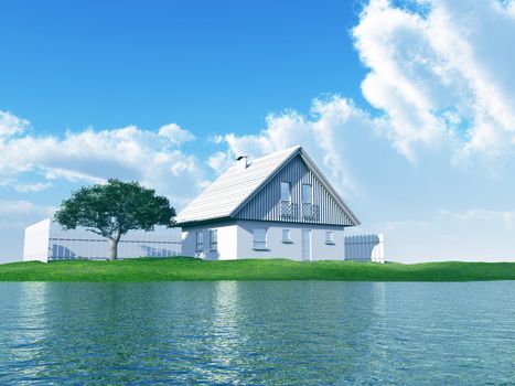 fenced white house with young tree on a background of the sky and lake