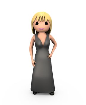 3D Blonde Girl Woman in Black Dress Ball Gown on White