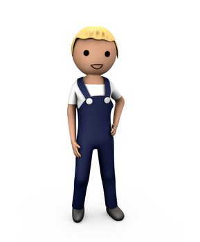 3D Blue Collar Workman in Overalls on White