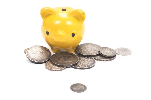 yellow piggy bank with very old coins............