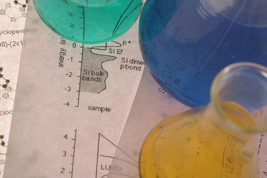 Labor scene with testtubes and beaker on sheets with chemical analysis