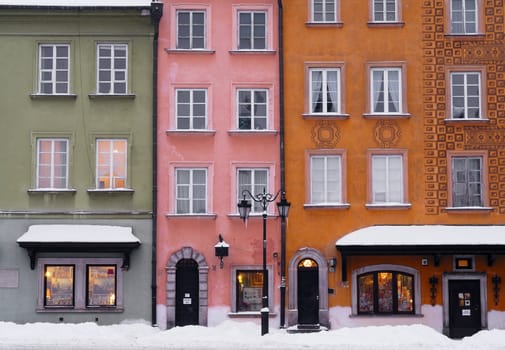 Colourful building facades in Warsaw's Old Town. Stary Miasto, Poland.