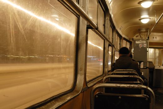 Slow shutter speed photo inside old Warsaw Tram.