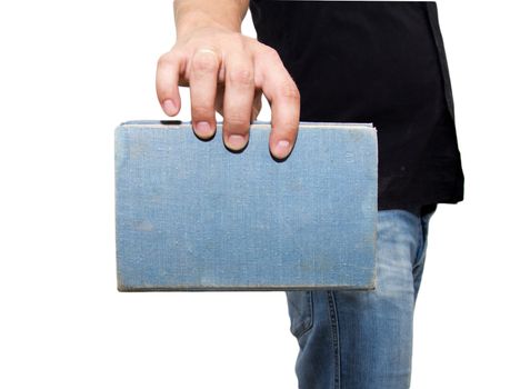 man holding a book on a white background