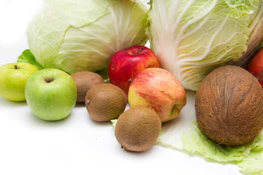 Vegetables and fruit on a white background