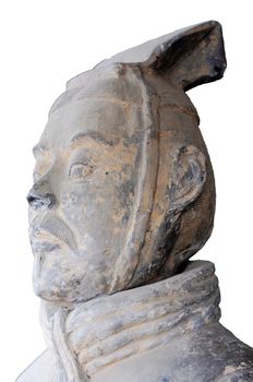 Closeup of a Terra cotta warrior's portrait on a white background