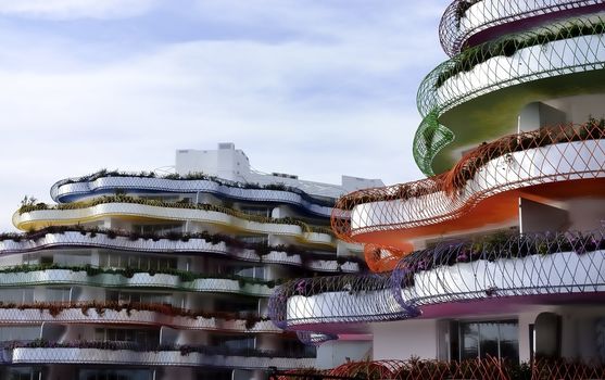 New building of modern construction and colorful  in the city of Ibiza