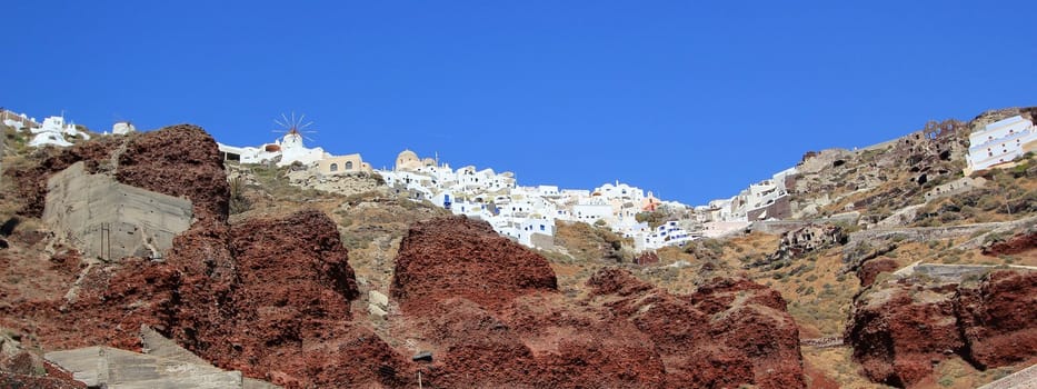 Panoramic view of Oia village on the cliff at Santorini, Greece