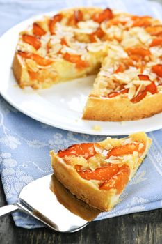 Slice of fresh baked apricot and almond pie dessert