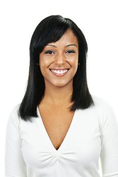 Smiling black woman portrait isolated on white background