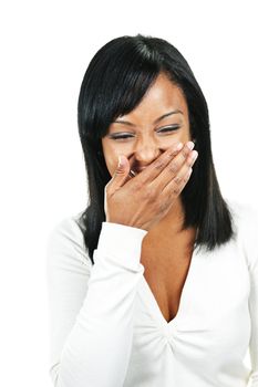 Laughing black woman portrait isolated on white background