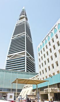 Al Faisaliah tower facade in Riyadh, Saudi Arabia. It is the third tallest building in Saudi Arabia.